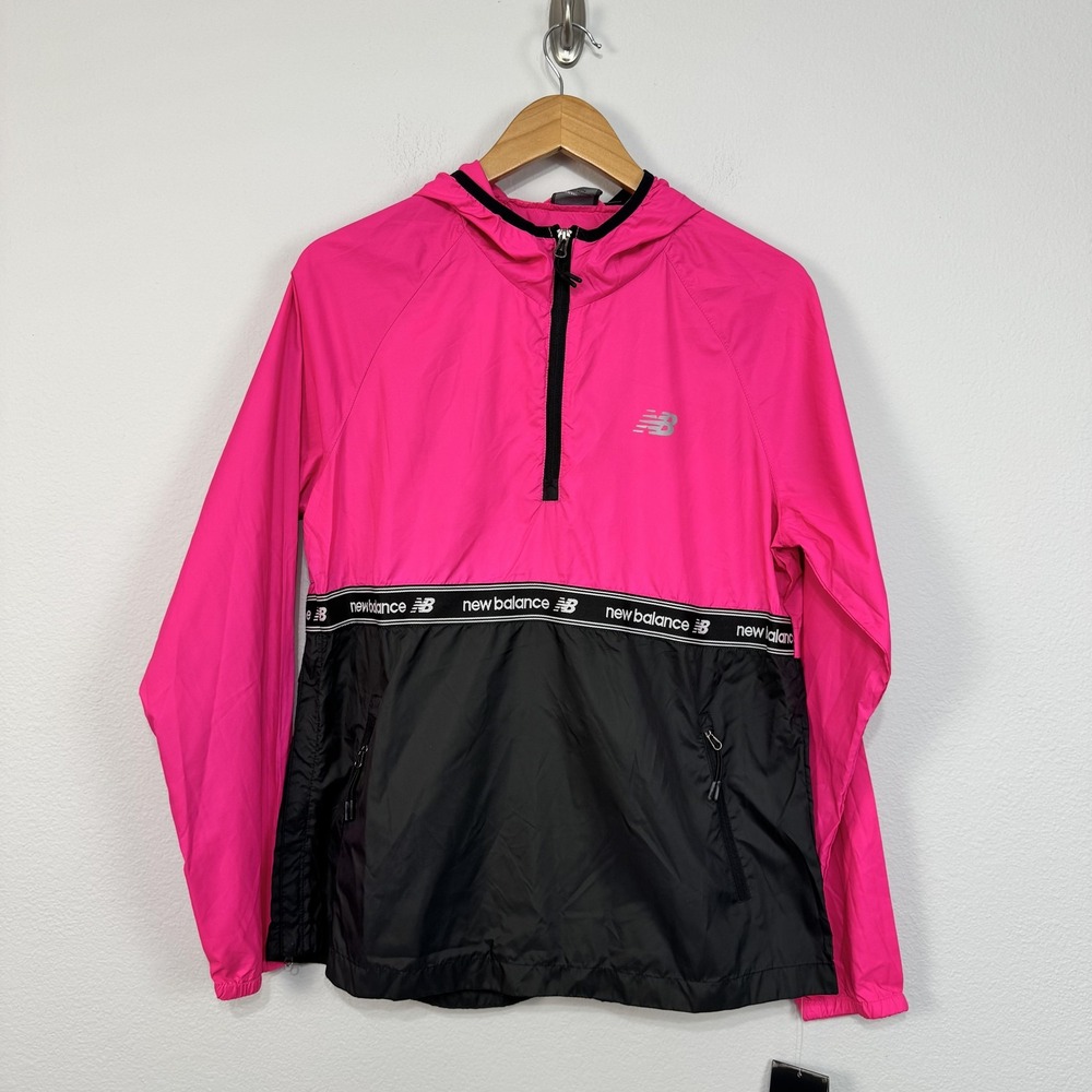 New Balance Jacket Women's Large Pink Black Hooded 1/2 Zip Windbreaker Running